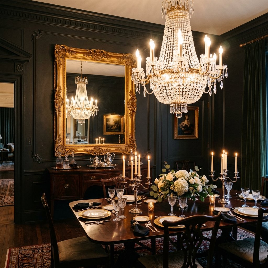 Dining Room Mirror decor with Chandelier Ideas