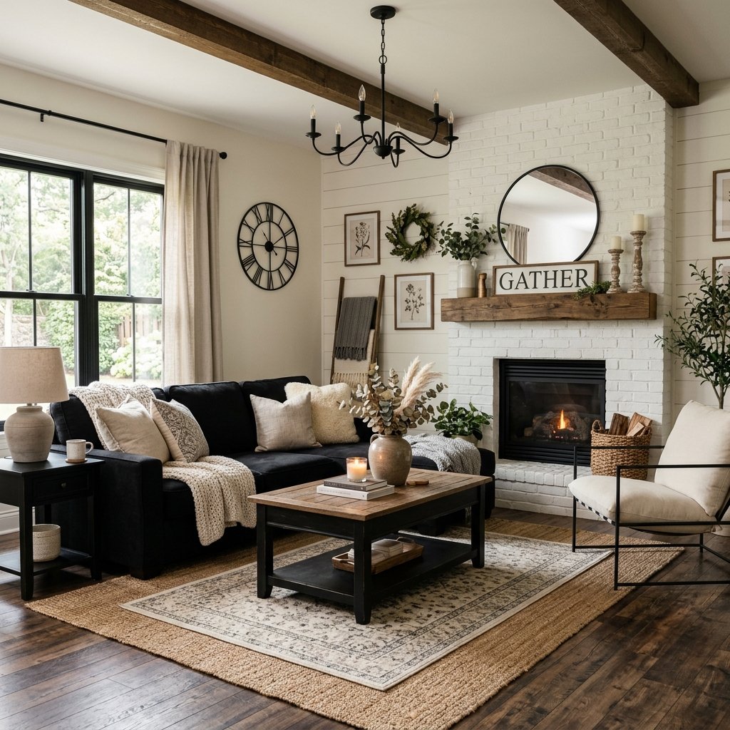 Farmhouse Living Room With Black Furniture Ideas