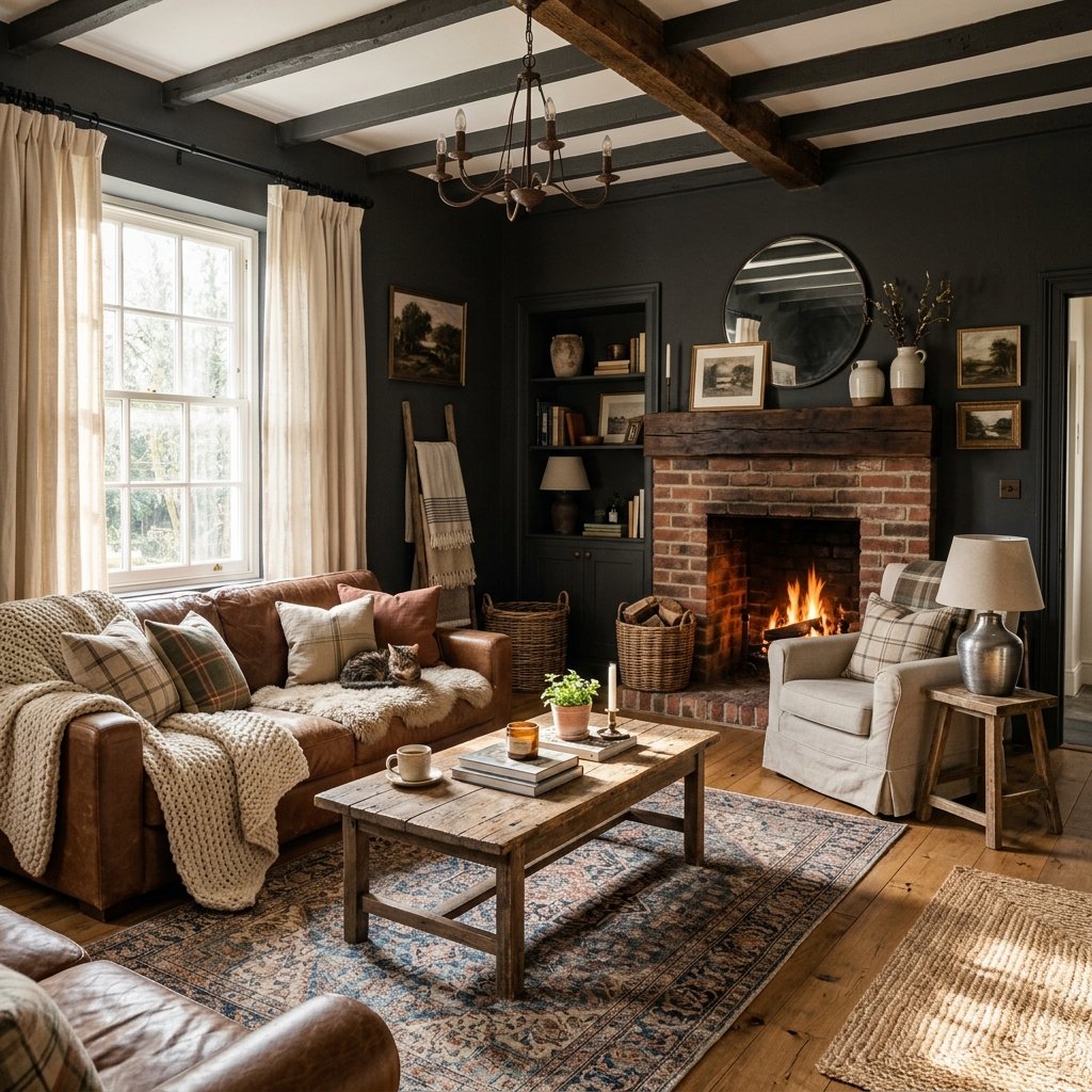 Farmhouse living room dark walls 202605231849