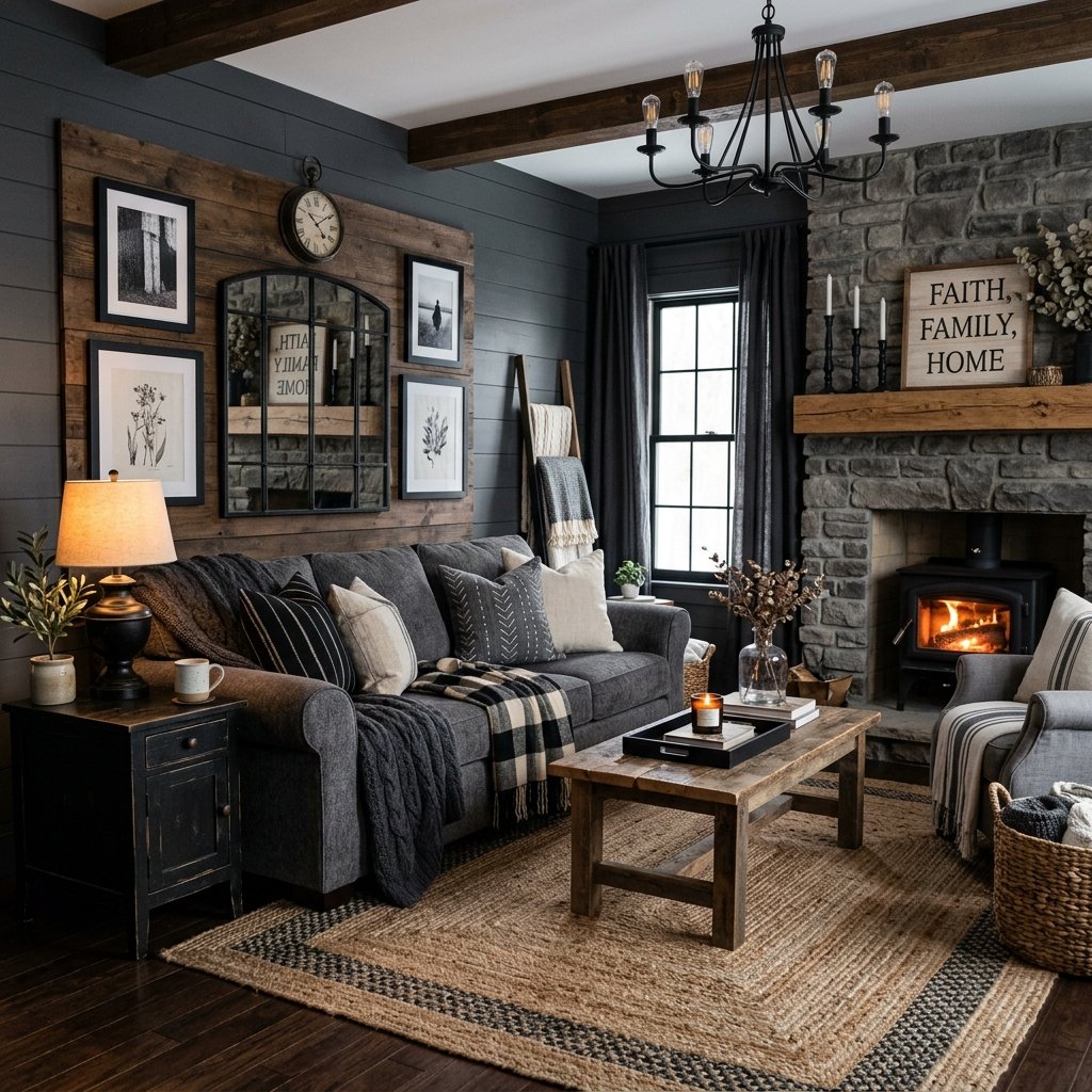 Black and Gray Farmhouse Living Room Ideas