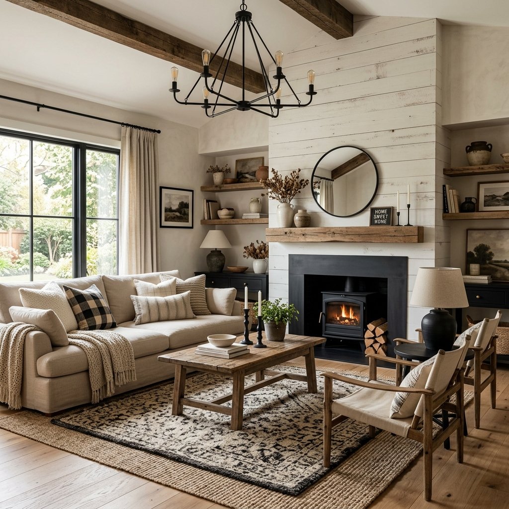 Open Concept Black Farmhouse Living Room Ideas