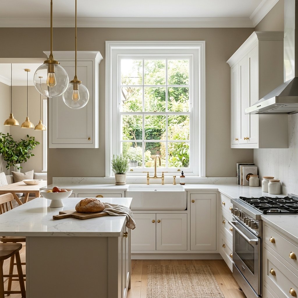 Greige Kitchen Wall With Quartz Countertop Ideas