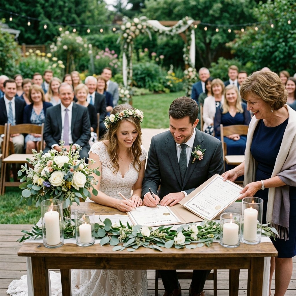 32 Backyard Wedding Celebration Ideas Every Couple Needs to See Right Now 33 Officiant holding marriage license 202605291021