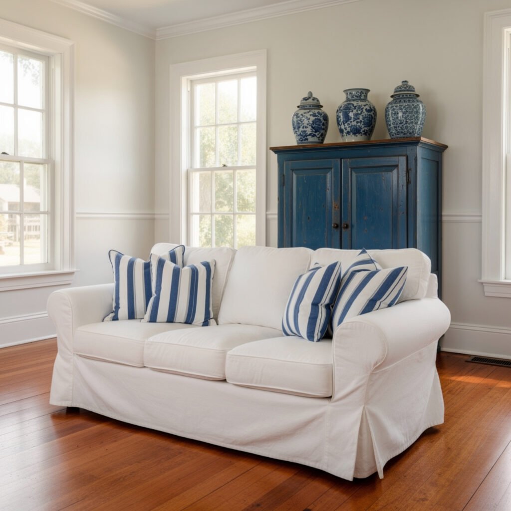 Blue and White Farmhouse Living Room Ideas