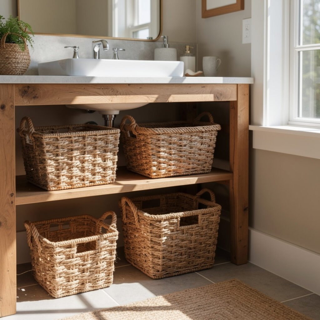 Woven Wicker Basket diy farmhouse bathroom decor Ideas