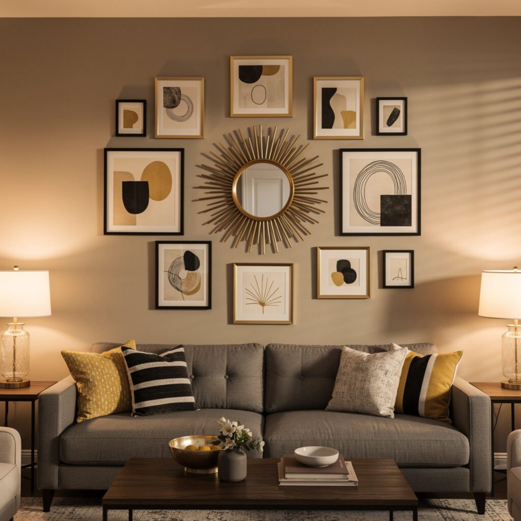 27 Black and Gold Gallery Wall Ideas That Turn Blank Walls Into Pure Art 4 Black and Gold Living Room Gallery Wall Ideas