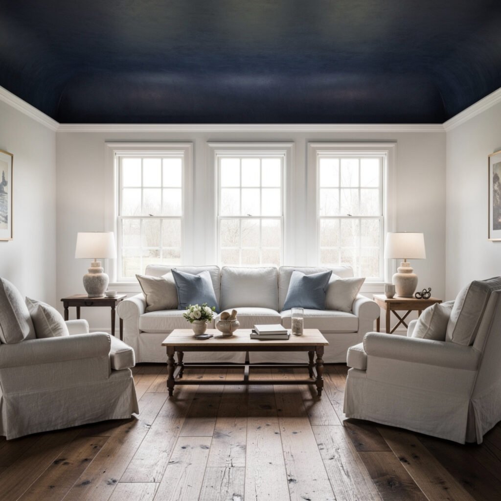 Midnight Blue Farmhouse Living Room Ceiling Paint Ideas
