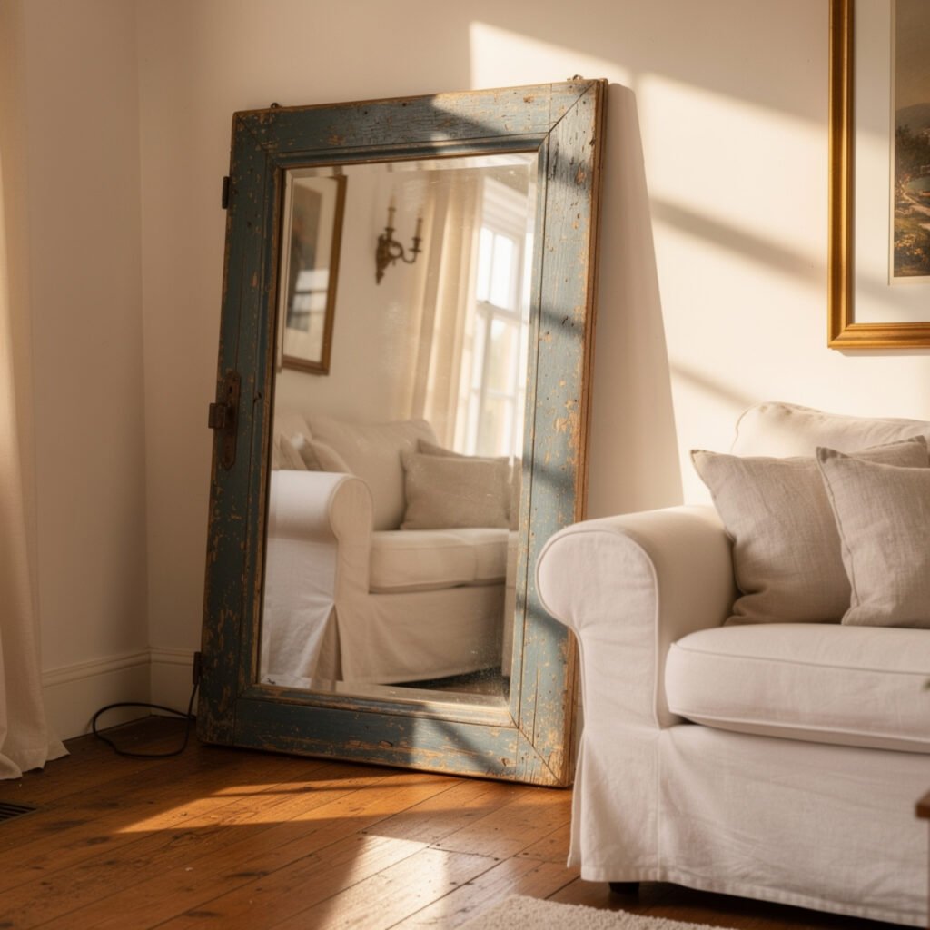 Blue Farmhouse Living Room Antique Mirror Decor Ideas