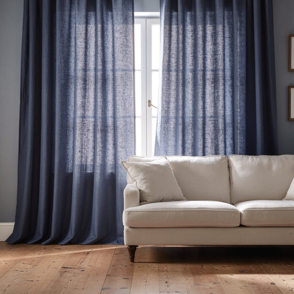 Blue Farmhouse Living Room Linen Drapery Ideas