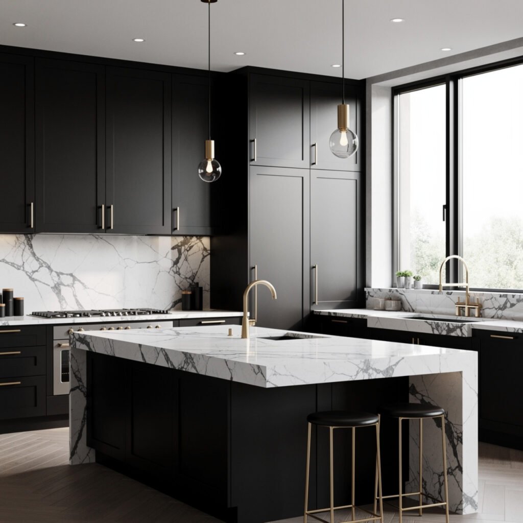 Black Kitchen Interior with Marble Countertop Ideas