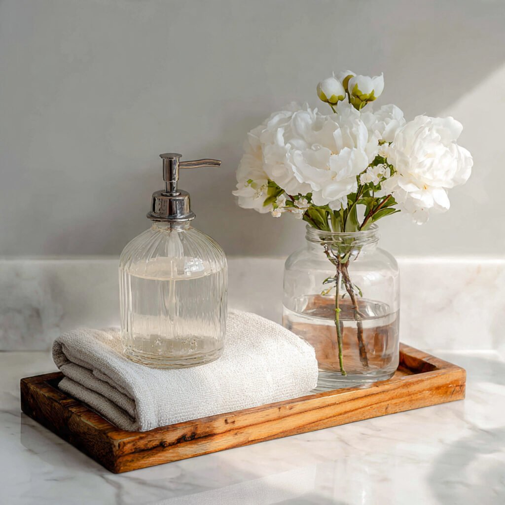 a perfectly styled small bathroom counter with a b