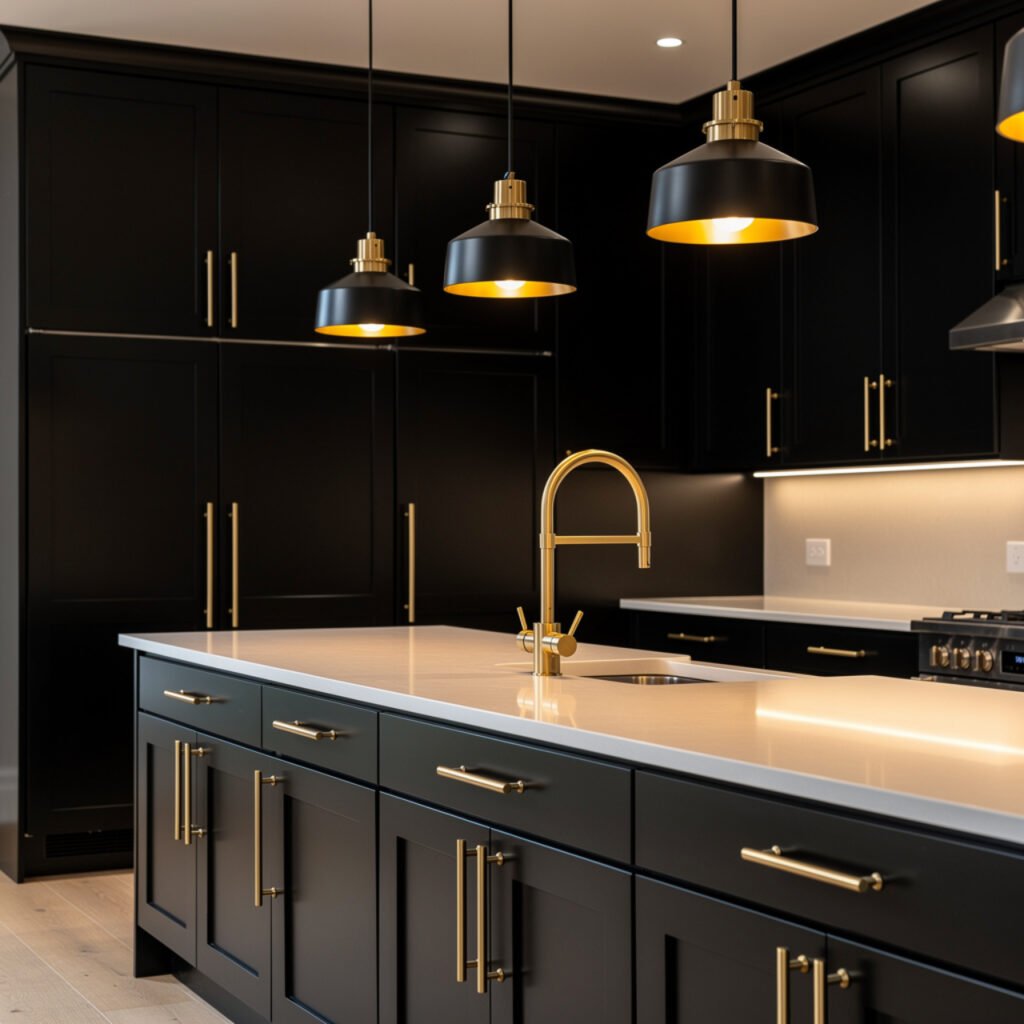 Black Kitchen with Brass Hardware Ideas