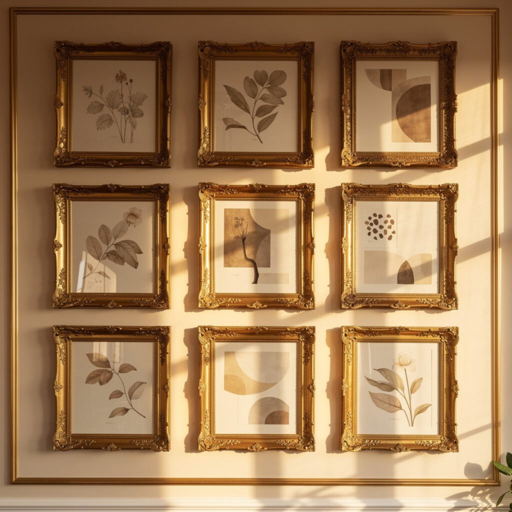 27 Black and Gold Gallery Wall Ideas That Turn Blank Walls Into Pure Art 3 Gold Metallic Frame Gallery Wall Ideas