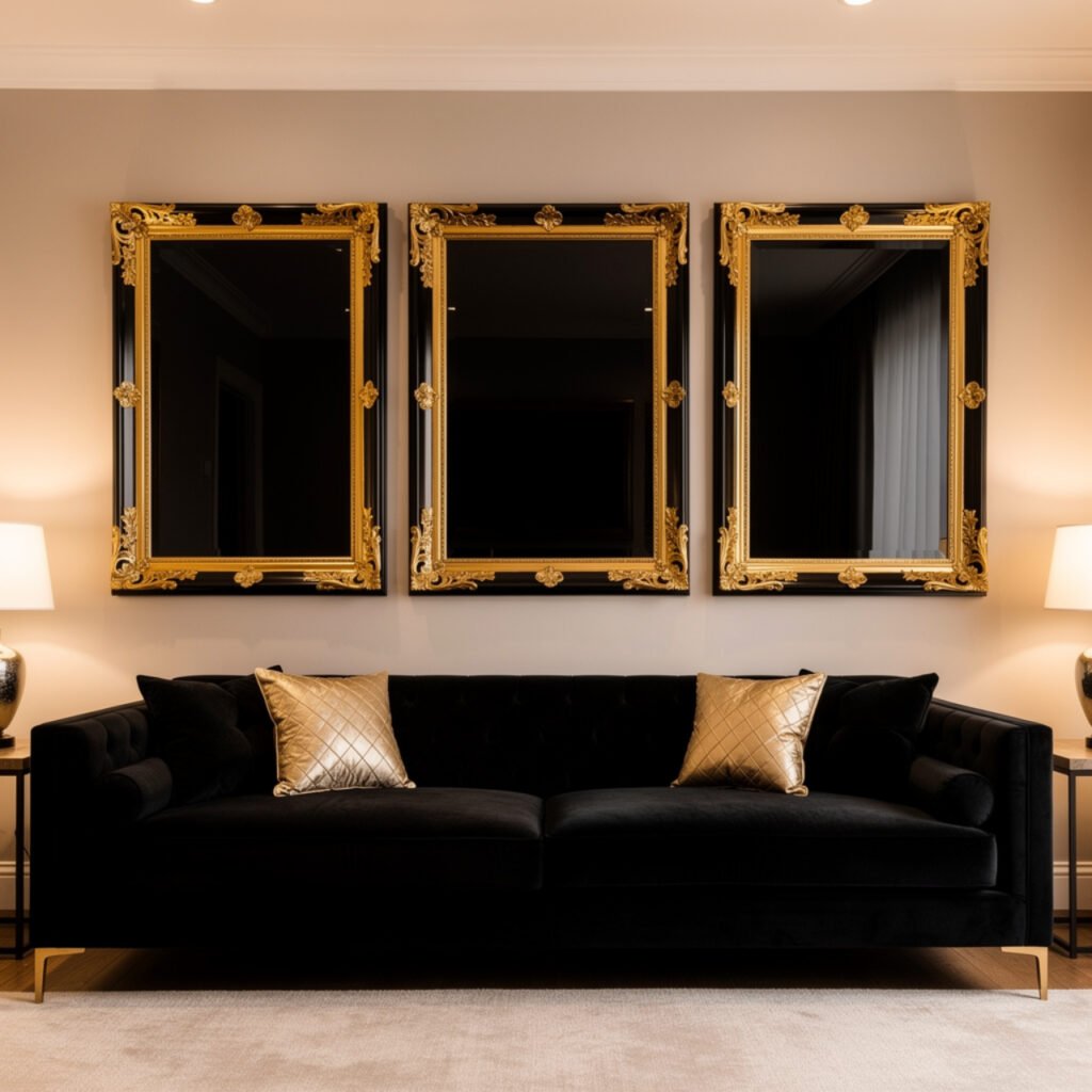 27 Black and Gold Gallery Wall Ideas That Turn Blank Walls Into Pure Art 22 Black and Gold Gallery Wall Ideas Above Sofa