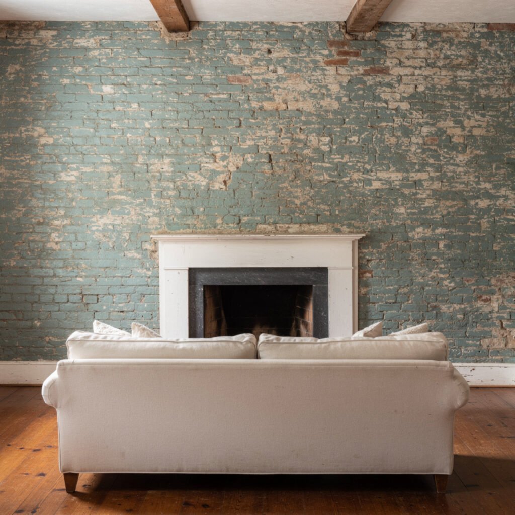 Blue Farmhouse Living Room Exposed Brick Wall Ideas