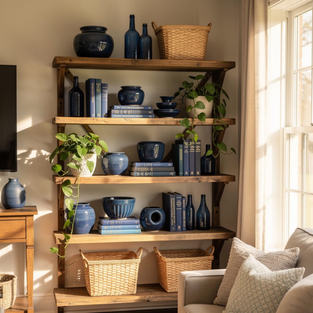 Blue Farmhouse Living Room Open Shelving Decor Ideas