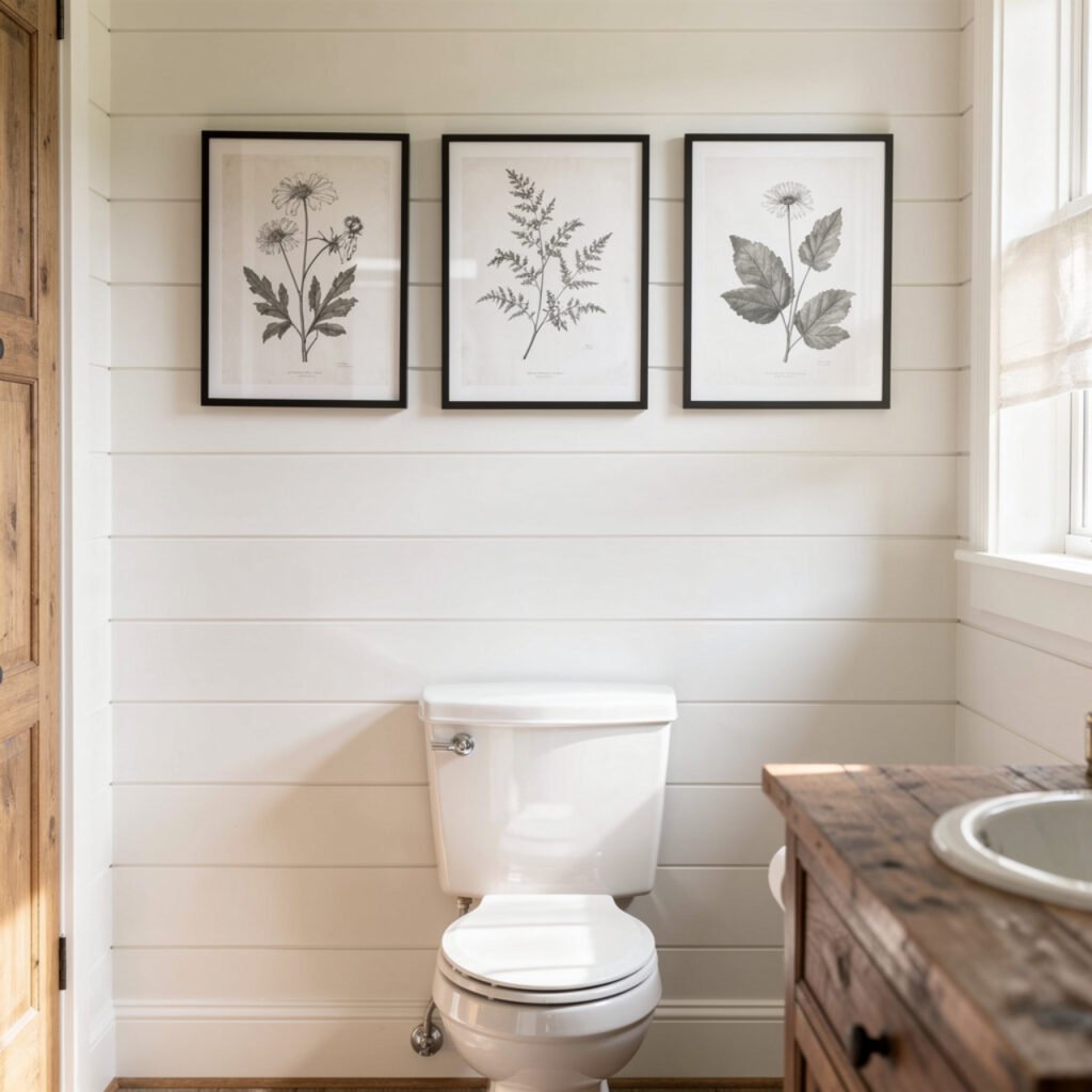 Botanical Print Gallery Wall diy farmhouse bathroom decor Ideas