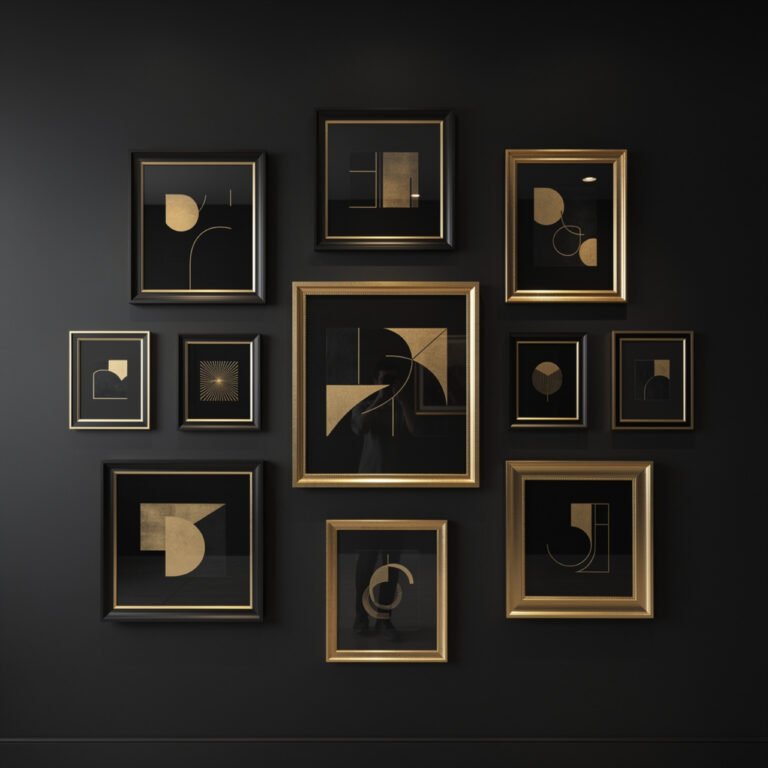 black and gold gallery wall