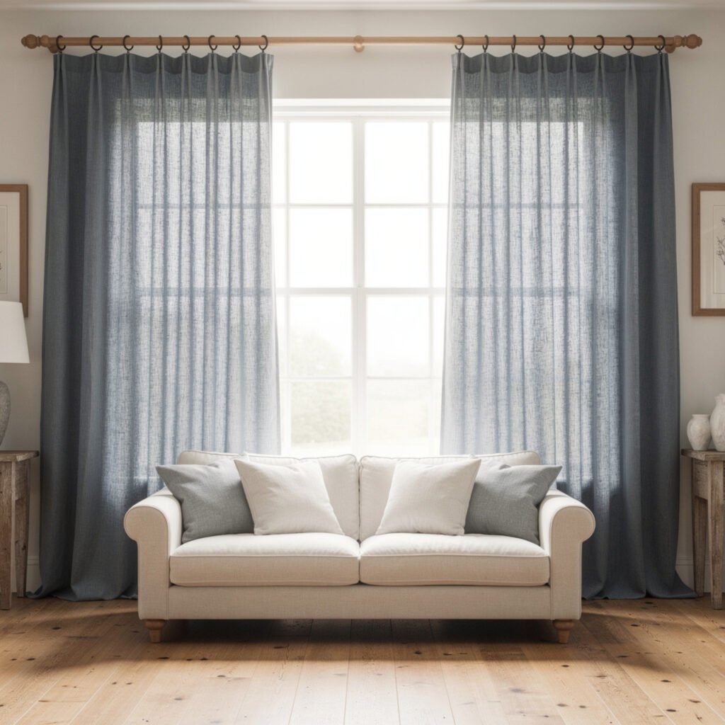 Dusty Blue Farmhouse Living Room Curtain Ideas