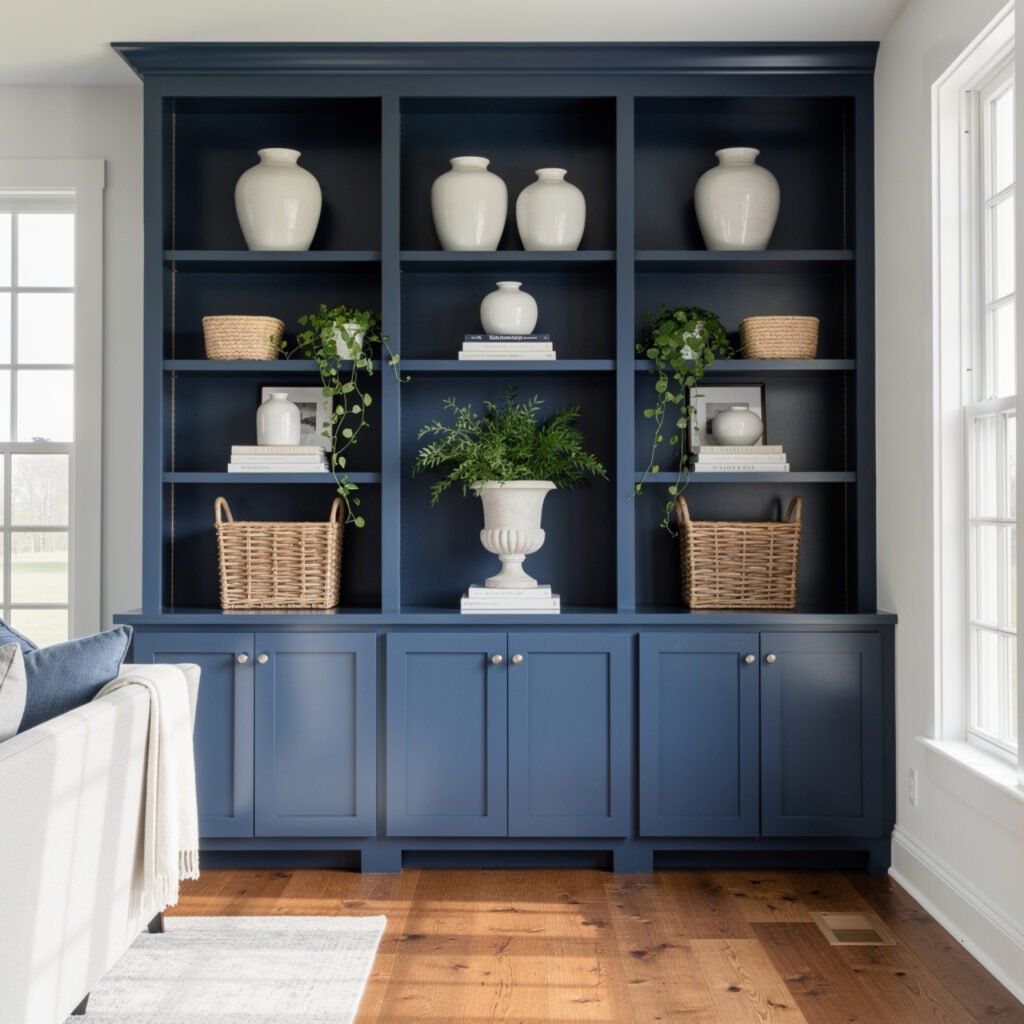 Steel Blue Farmhouse Built-In Shelving Ideas