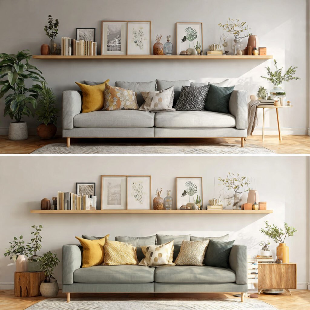 Floating Shelves Above Sofa Ideas