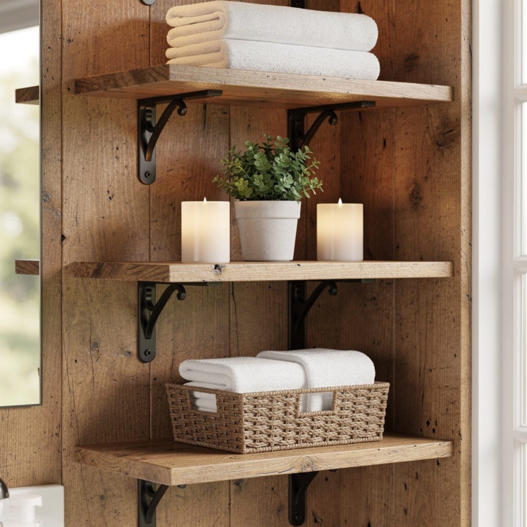 Open Wooden Shelving diy farmhouse bathroom decor Ideas