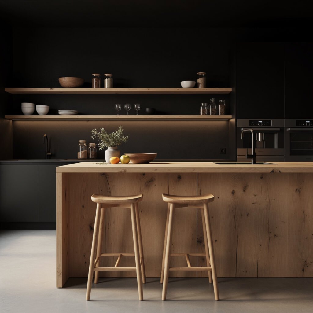 Black Kitchen with Natural Wood Accents Ideas
