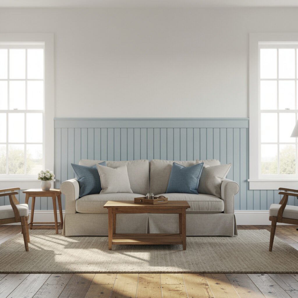Pale Blue Farmhouse Living Room Wainscoting Ideas