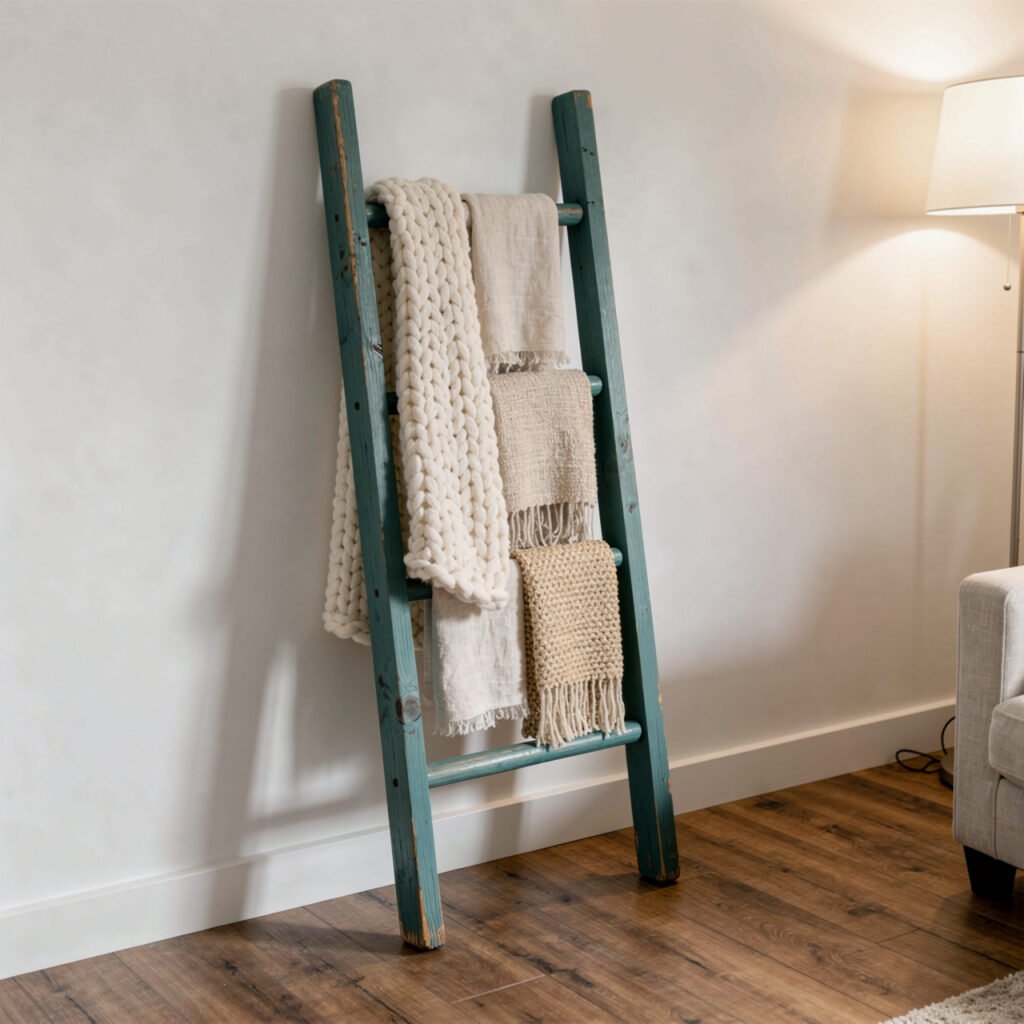 Teal Blue Farmhouse Living Room Blanket Ladder Ideas