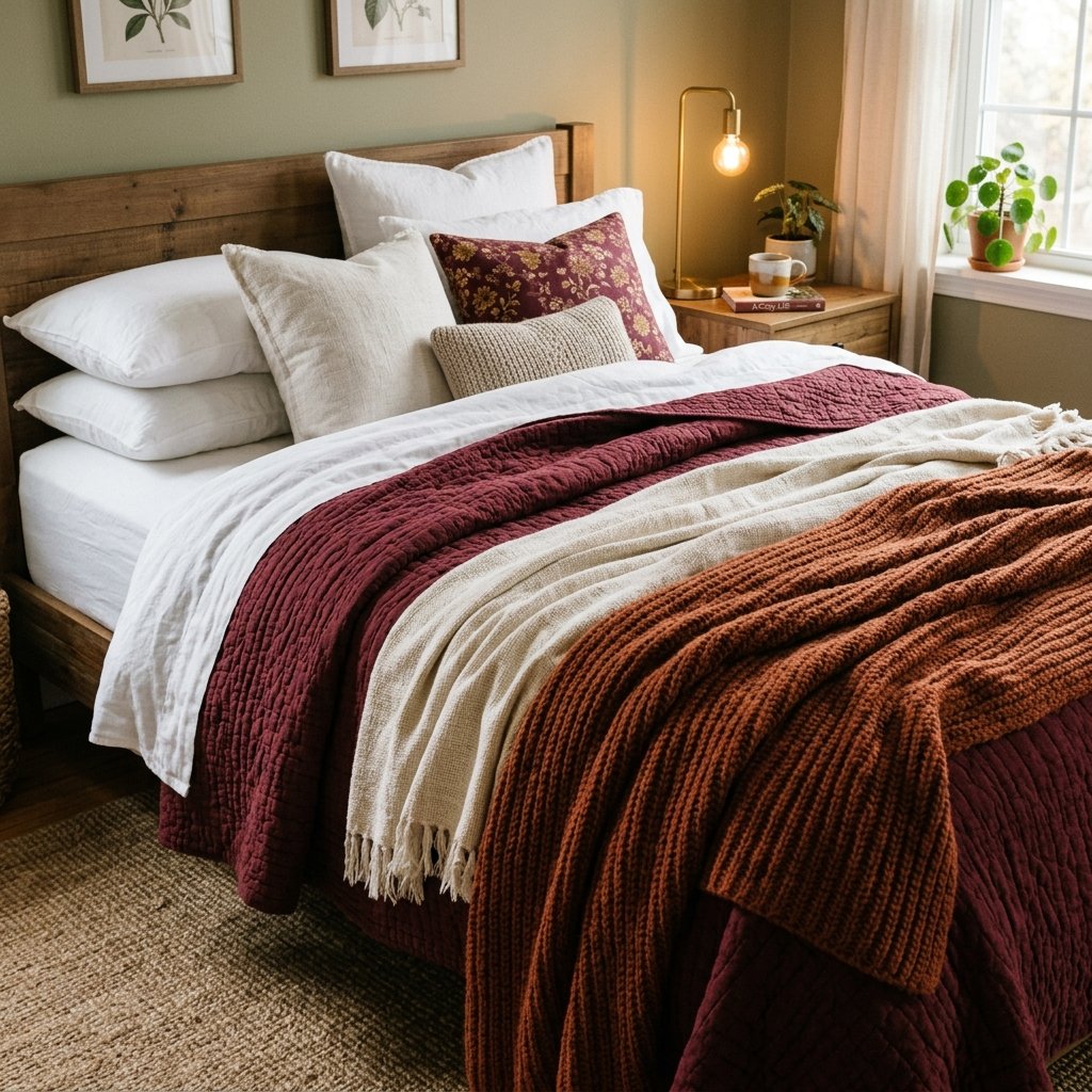 31 Fall Themed Bedroom: Transform Your Space Into a Cozy Autumn Sanctuary 24 Layered Blanket and Bedding Ideas