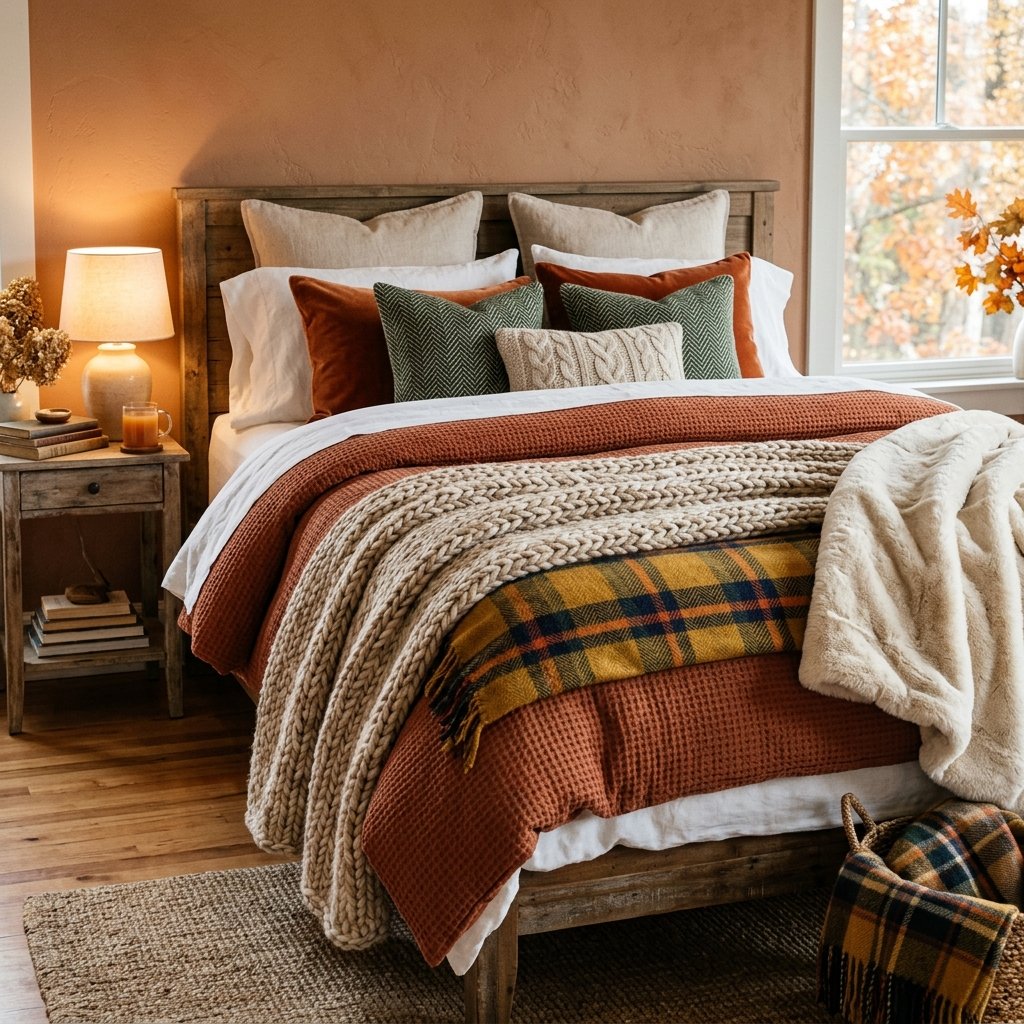 27 Cozy Fall Bedroom Ideas: Easy Ways to Add Warmth & Ambiance 26 Textile Layering for Warmth Ideas