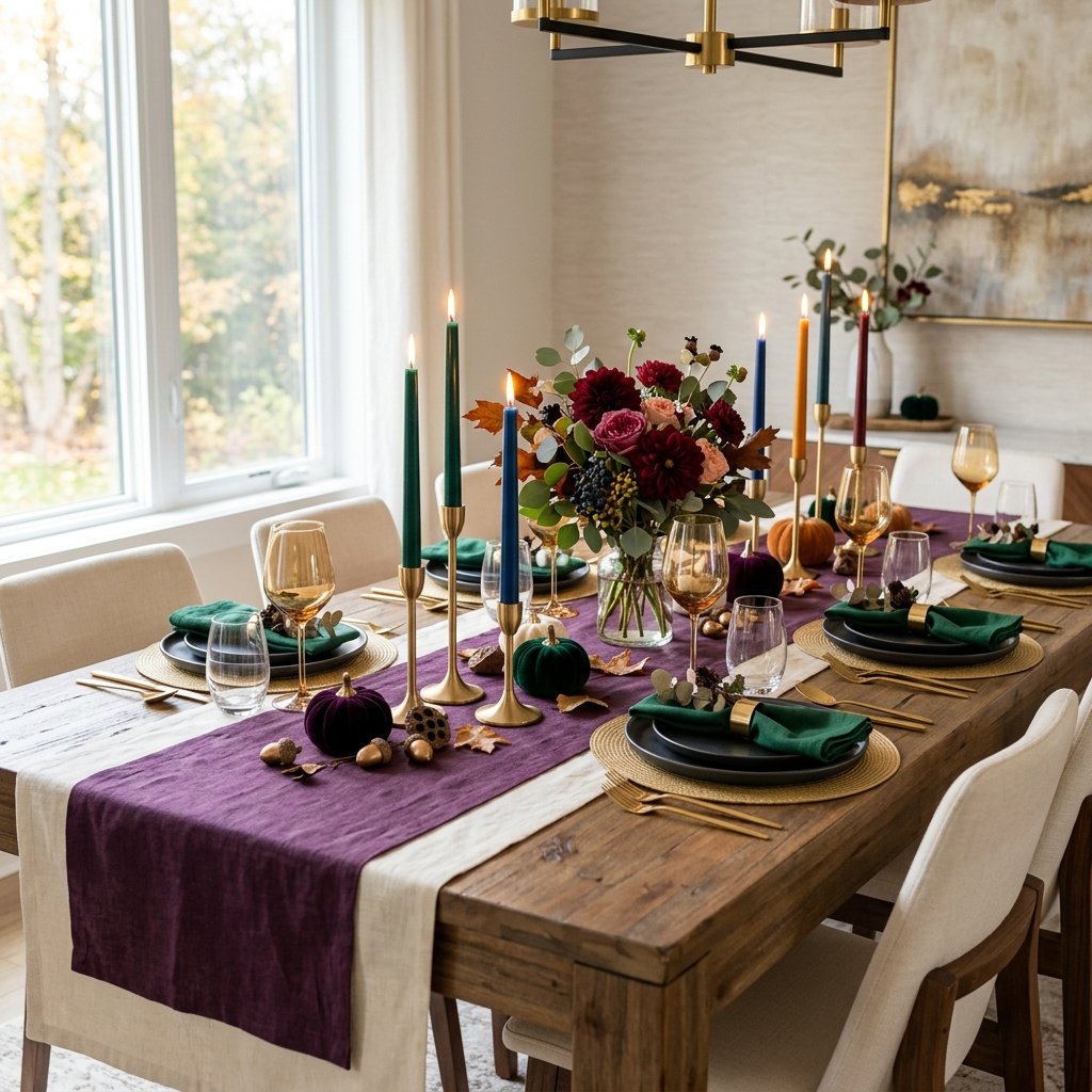 Jewel Tone Fall kitchen table decor with Deep Purple Accents