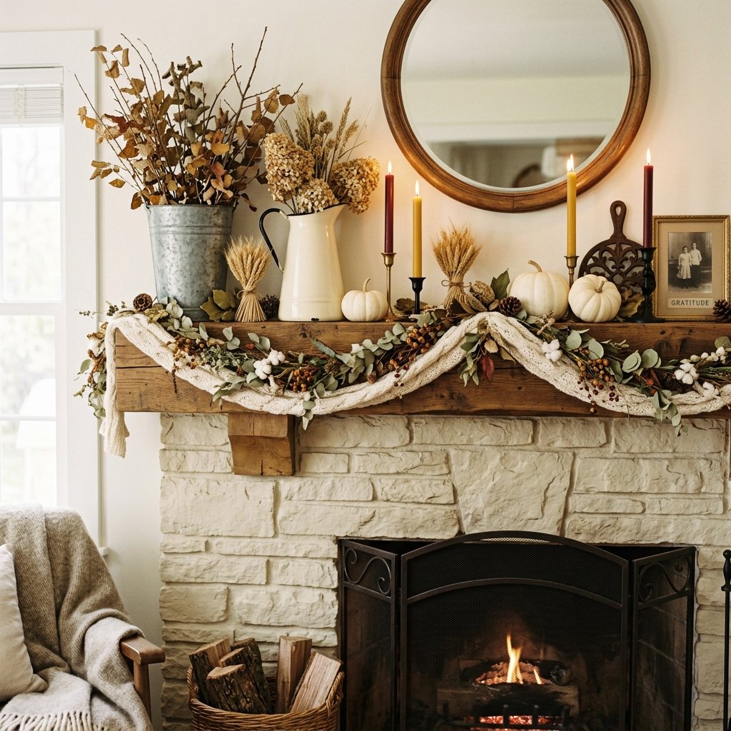 32 Fall Mantle Decor Ideas That Actually Work: Rustic to Modern Styles 7 Farmhouse Autumn Mantle Ideas