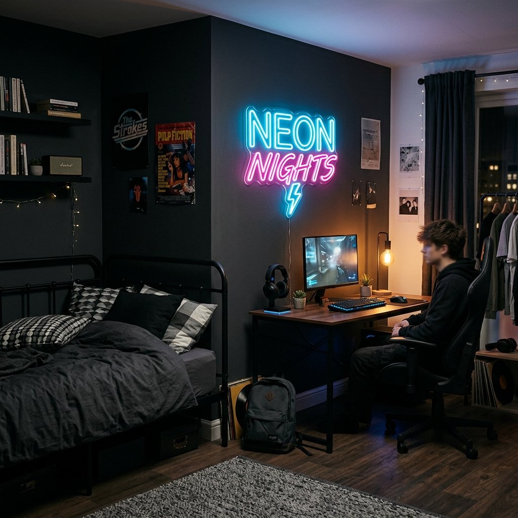 27 Teen Boy Bedroom Ideas That Actually Look Cool in Real Life 18 Neon Sign Boy Bedroom Ideas