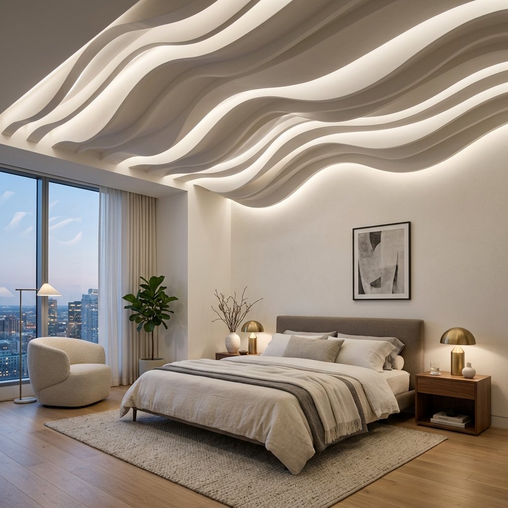 Wave Pattern False Ceiling Bedroom Designs