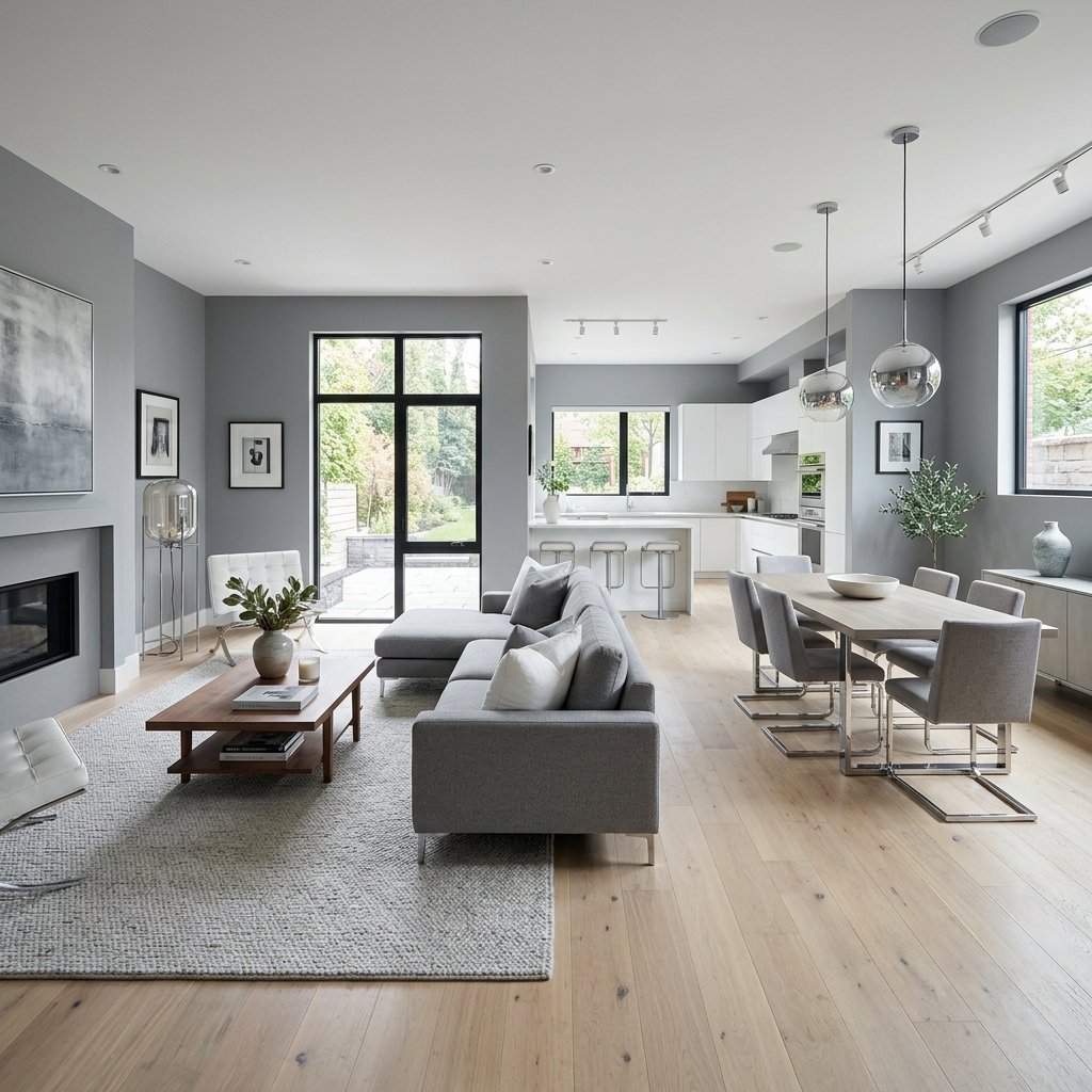 Modern Living Room Color Ideas: 30 Stunning Palettes for Your Home 8 Cool Gray in Open Concept Spaces