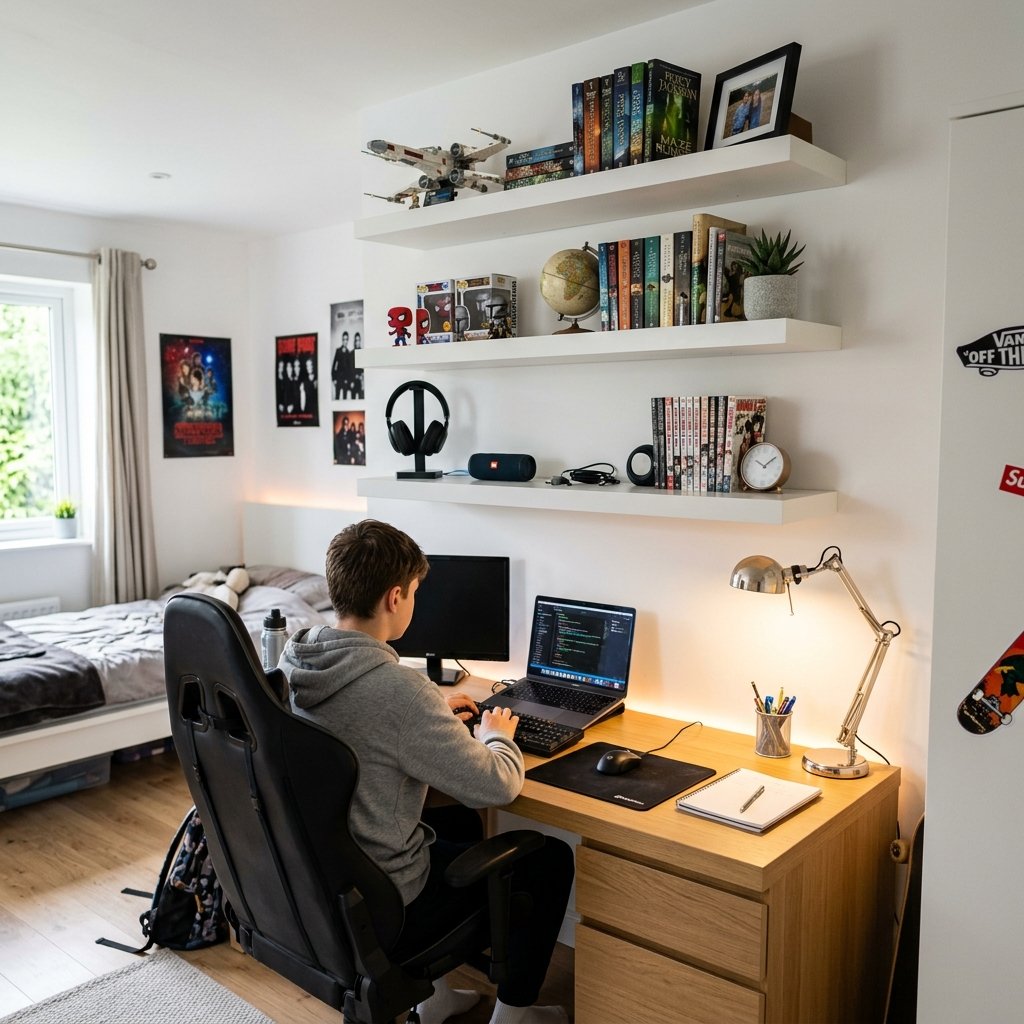 27 Teen Boy Bedroom Ideas That Actually Look Cool in Real Life 19 Boy Bedroom Ideas with Floating Shelves