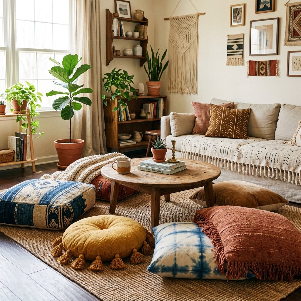 27 Dreamy Cozy Boho Living Room Ideas to Save & Try Today 19 Boho Floor Cushion Ideas