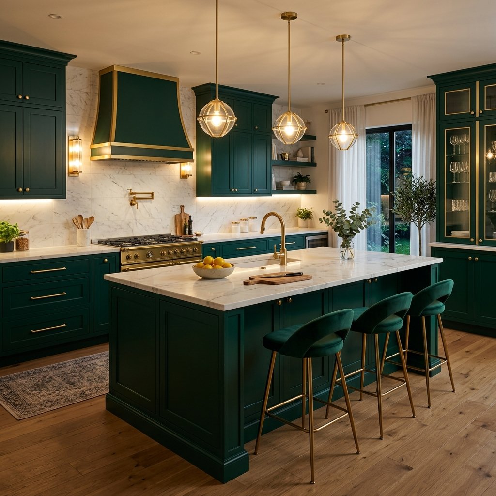 23 Modern Kitchen Color Combinations Ideas You'll Want to Pin Now 13 Deep Emerald and Gold Kitchen Ideas