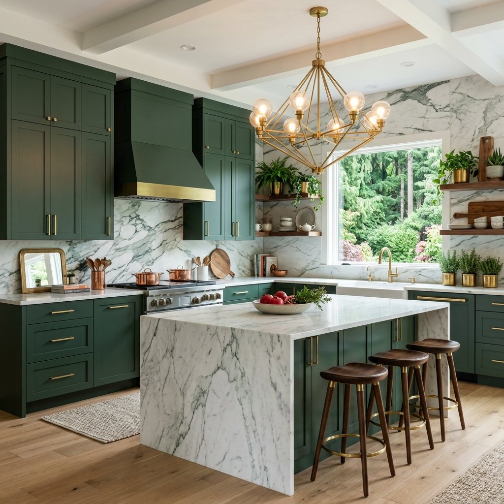 23 Modern Kitchen Color Combinations Ideas You'll Want to Pin Now 22 Forest Green and White Marble Ideas