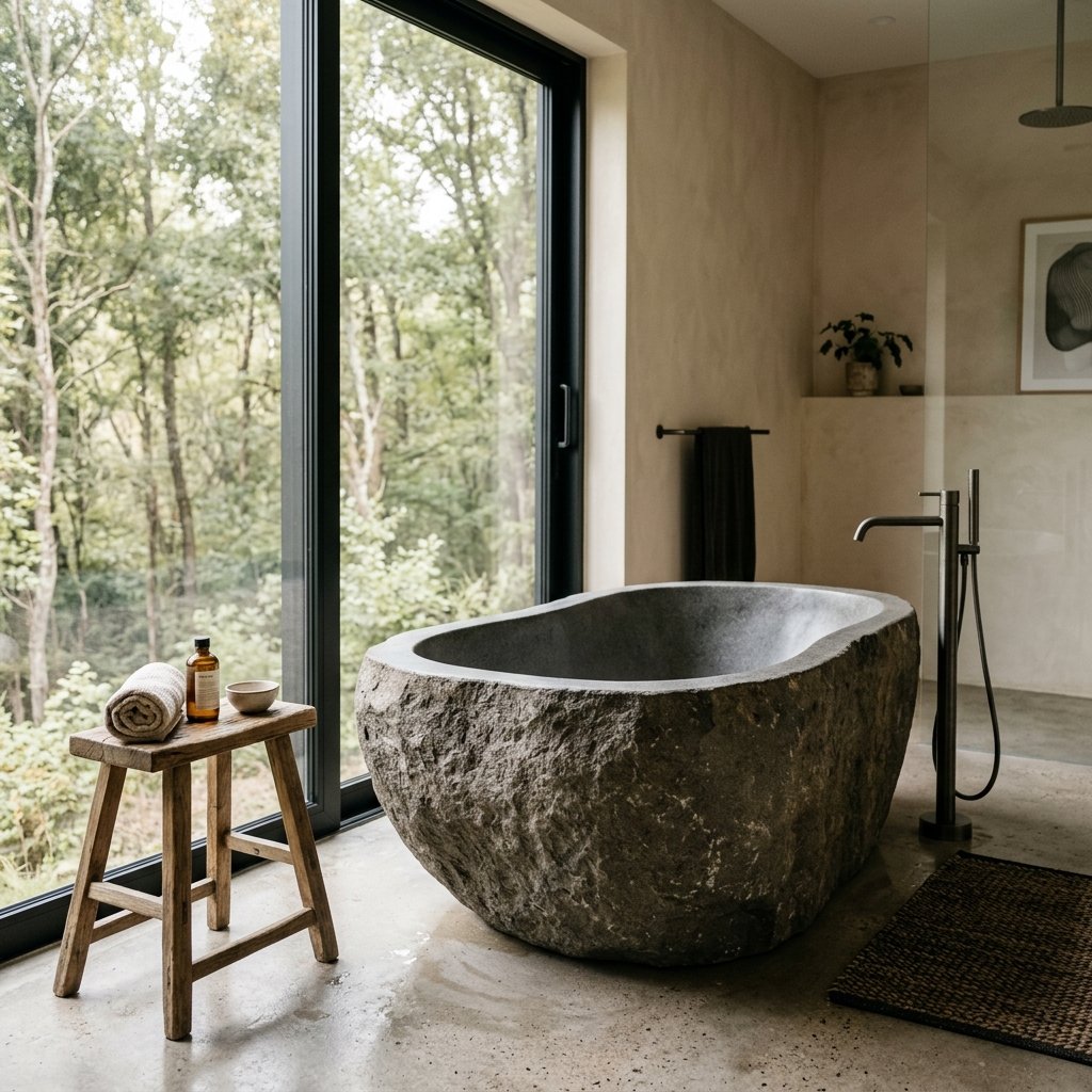 27 Wabi Sabi Bathroom Ideas That Feel Calm, Raw & Beautiful 5 Freestanding Stone Bathtub Ideas