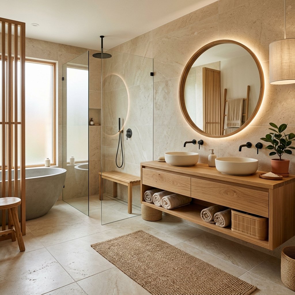 27 Japandi Bathroom Design Ideas for a Calm Retreat 6 Stone Tile Japandi Bathroom Ideas