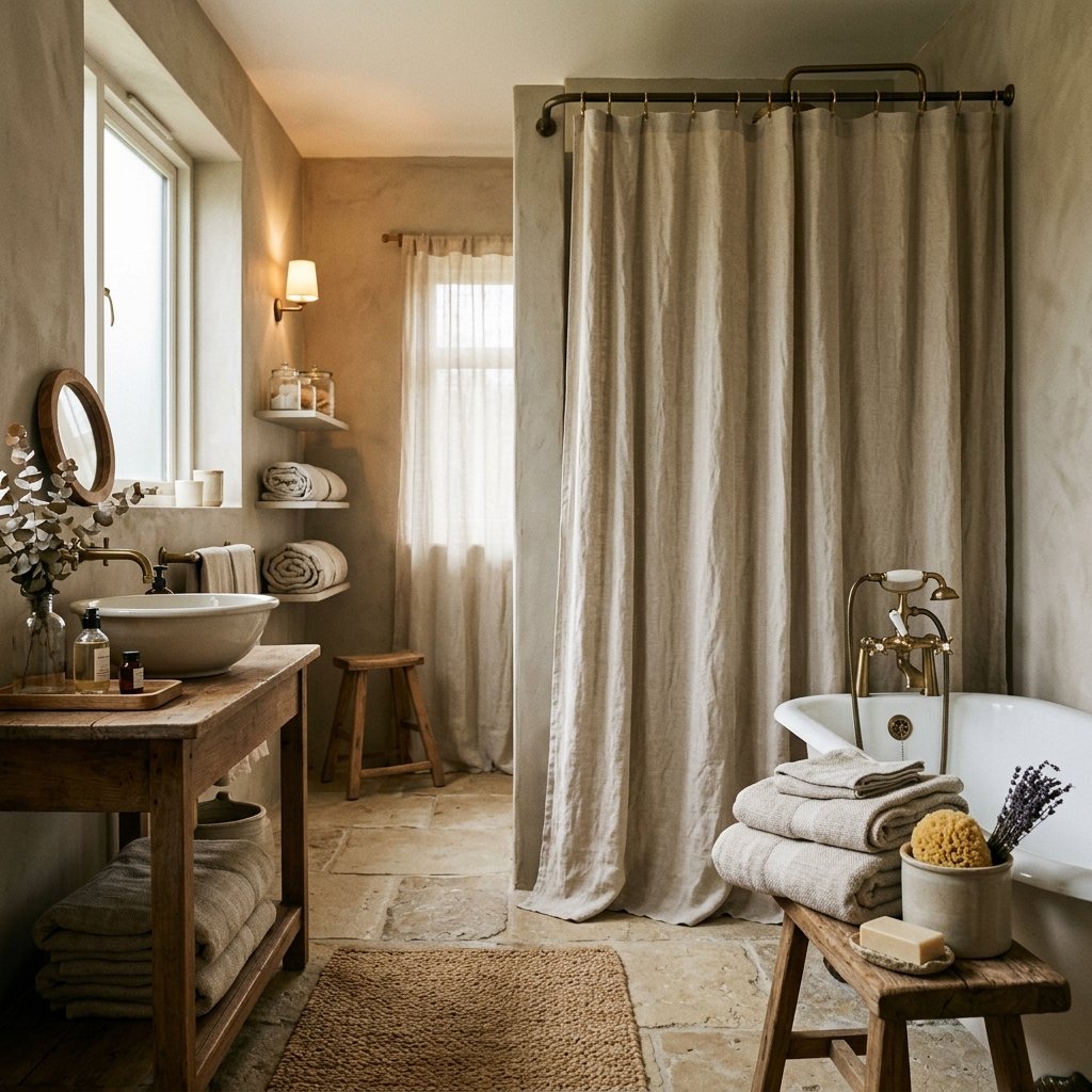 27 Wabi Sabi Bathroom Ideas That Feel Calm, Raw & Beautiful 11 Linen Textile Bathroom Ideas