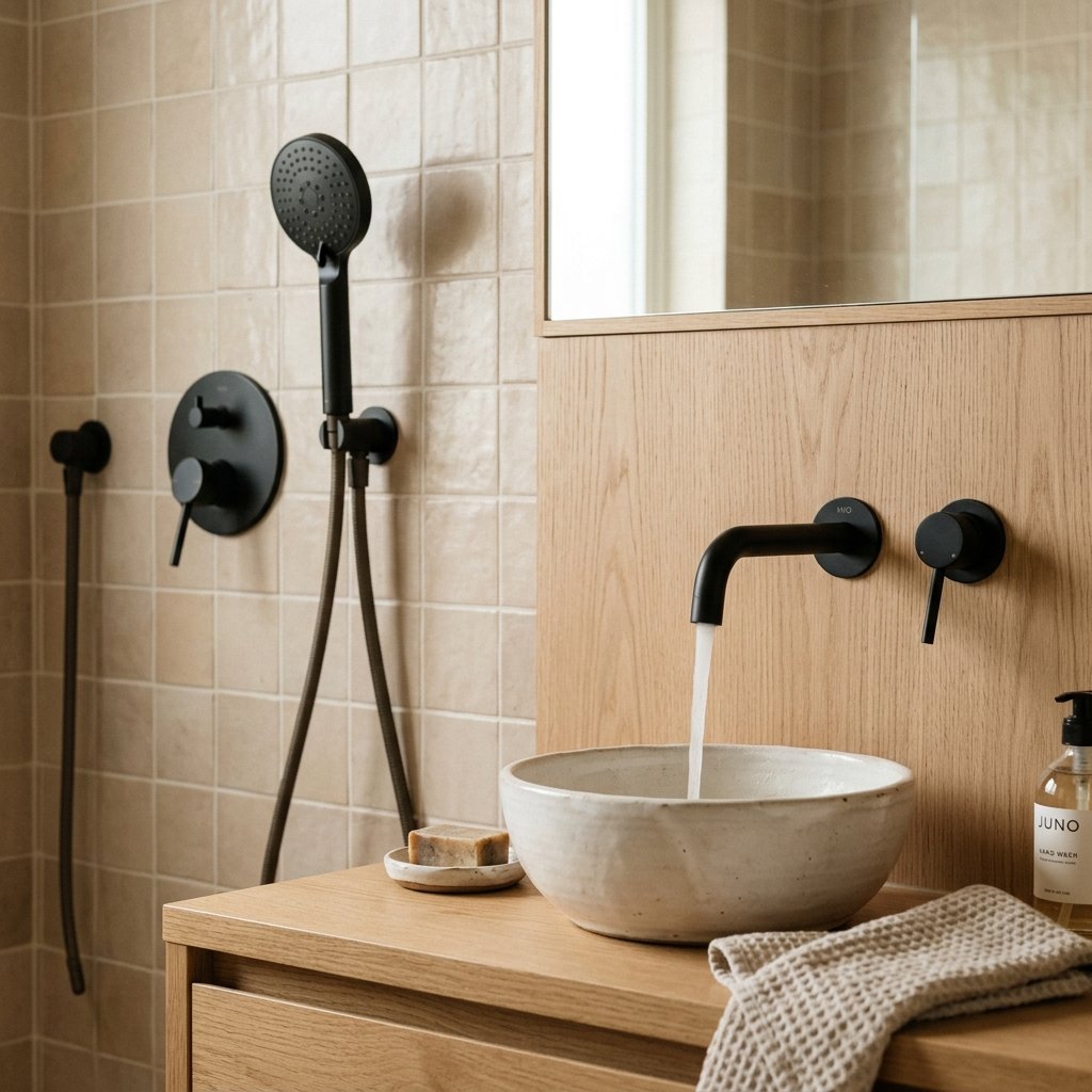 27 Japandi Bathroom Design Ideas for a Calm Retreat 4 Matte Black Fixture Ideas for Japandi Bathrooms