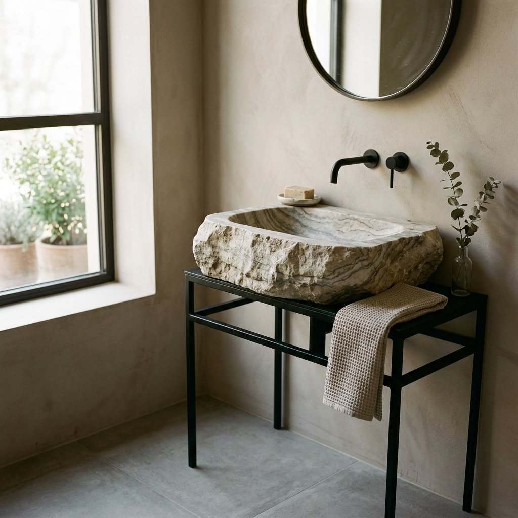 27 Wabi Sabi Bathroom Ideas That Feel Calm, Raw & Beautiful 2 Natural Stone Sink Ideas