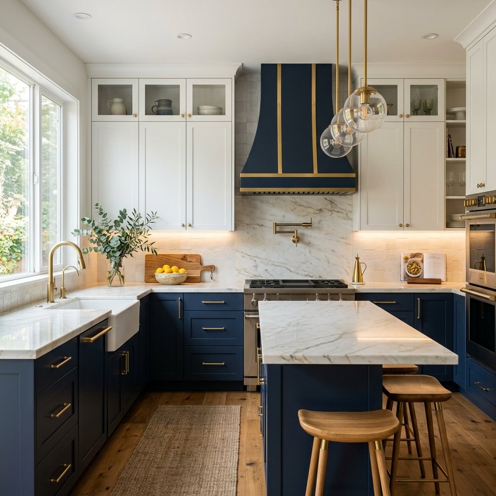 23 Modern Kitchen Color Combinations Ideas You'll Want to Pin Now 3 Navy Blue and Brass Kitchen Ideas