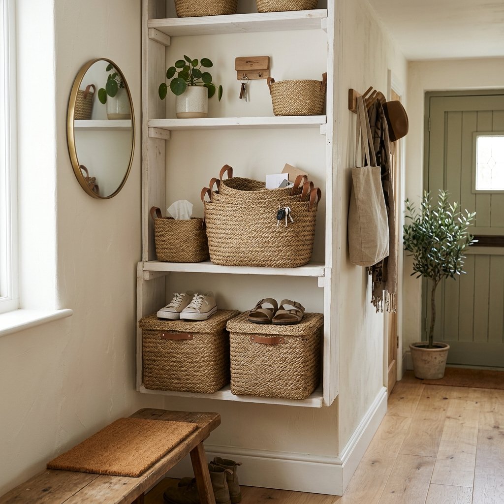 34 Flat Entrance Decor Ideas That Make Tiny Spaces Feel Huge 34 Small Space Storage Basket Ideas