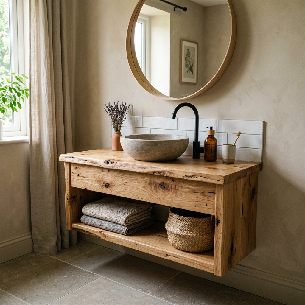 27 Wabi Sabi Bathroom Ideas That Feel Calm, Raw & Beautiful 6 Raw Wood Vanity Ideas