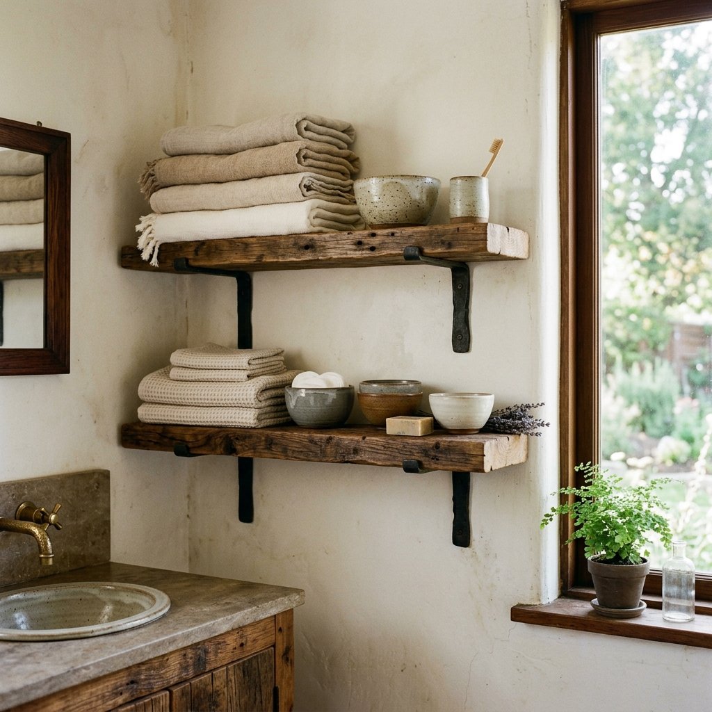 27 Wabi Sabi Bathroom Ideas That Feel Calm, Raw & Beautiful 12 Reclaimed Wood Shelving Ideas