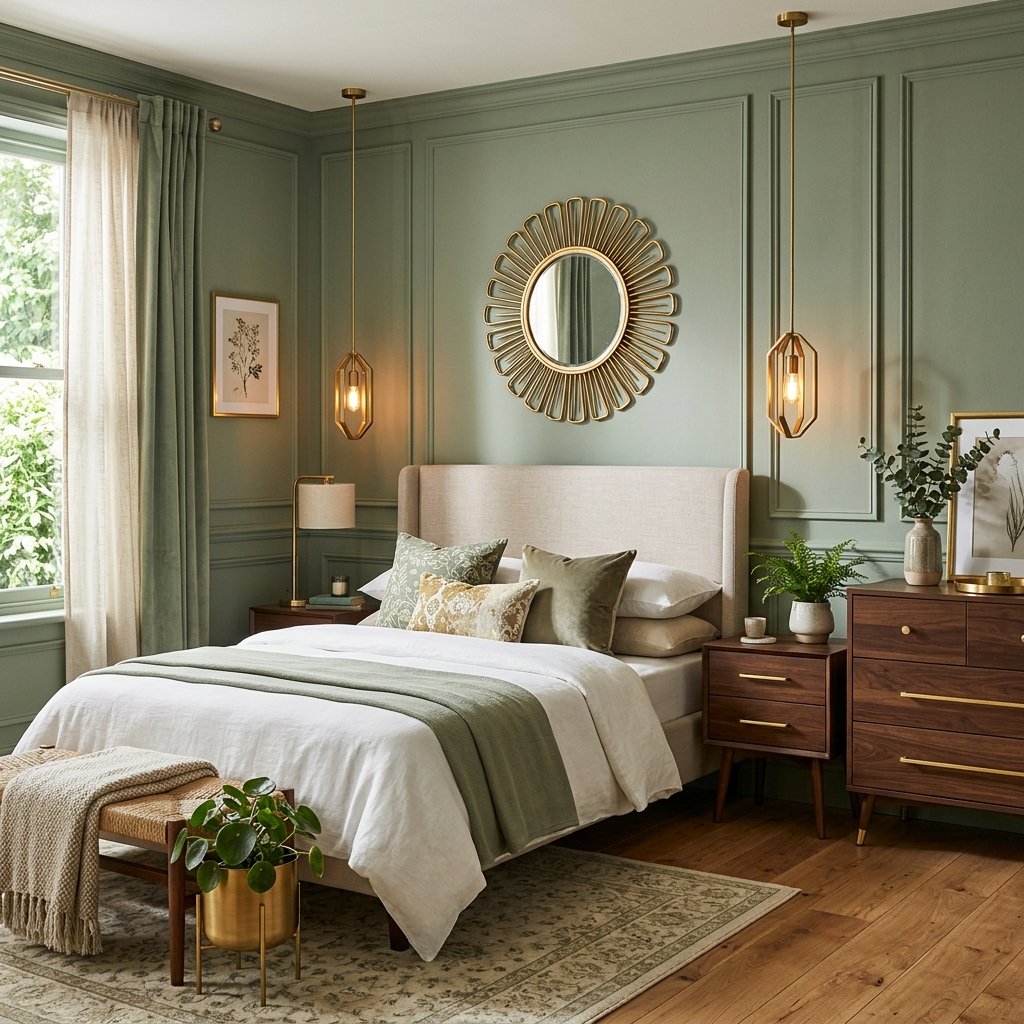 33 Sage Green Bedroom Ideas You'll Want to Pin Now 30 Brass Accent Sage Green Bedroom Idea
